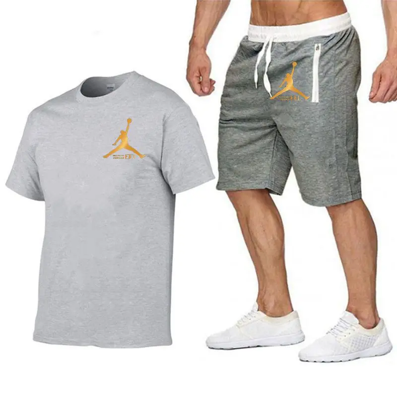 Новые мужские комплекты футболок FIL брендовые летние костюмы с принтом Повседневная мужская футболка спортивные костюмы комплект мужской футболки Модная одежда - Цвет: gray