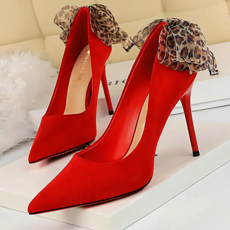 

Sexy Women Heels Ladies Shoes Fashion High Heels Wedding Party Shoes Stiletto Bow-knot Suede Shallow Mouth Pointed Women Pumps