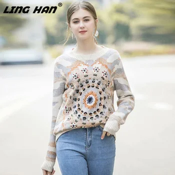 

LINGHAN Fashion Embroidery Sweater Women's O-Neck Long Sleeve Knitting Sweater Designer Autumn Winter New