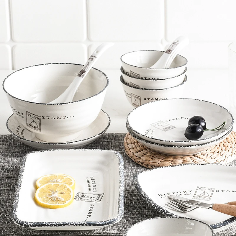 Retro Ceramic Dinner Dish Plate Rice Salad Noodles Bowl Soup Plates Dinnerware Sets Home Tableware Kitchen Cook Tool Sets Gifts