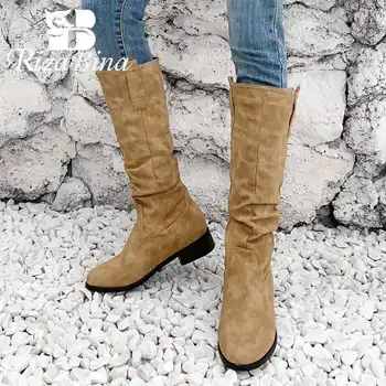 

RIZABINA Plus Size 32-46 Knee High Boots For Women Flats Shoes Winter Keep Warm Fur Casual Round Toe 2020 Fashion Long Boots