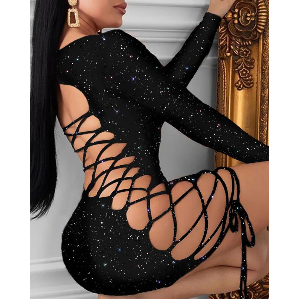 Fashion Women Sexy Bling Bodycon Mini Dress Long Sleeve Glitter Bandage Hollow out Lace Up Evening Party Club Ladies Dresses