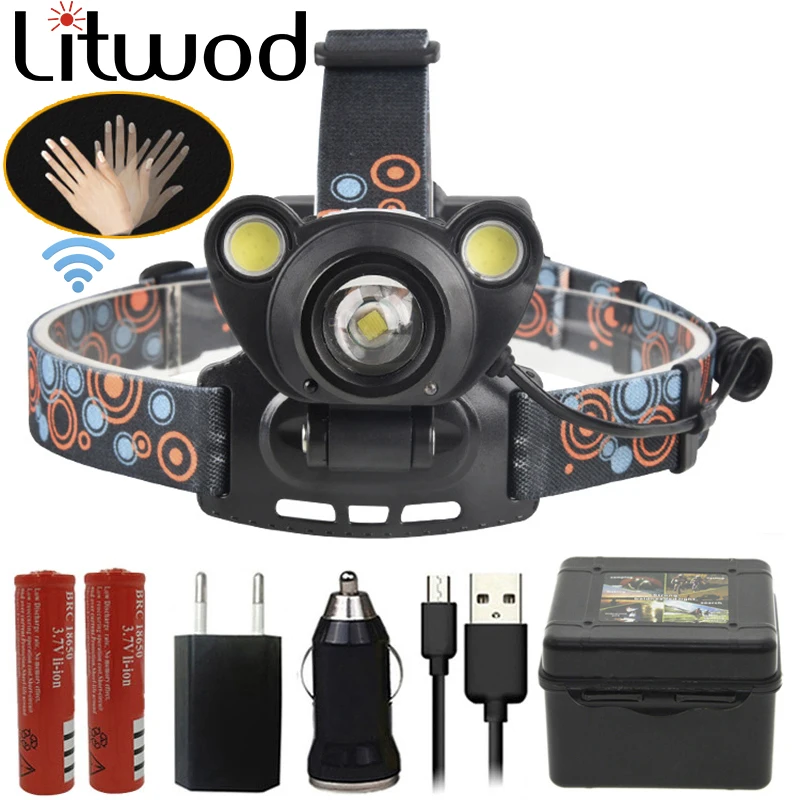 Светодиодный налобный фонарь Litwod z351325 с датчиком XM-L T6 и 2 * COB умный индукционный