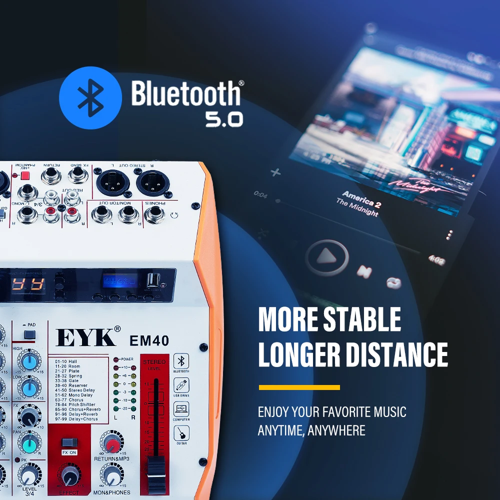 EYK EM40 Professional Audio Mixer with Sound Card 4 Channel Mixing Console PC USB Play Recording Bluetooth 99 DSP Guitar PAD audio mixer sound card audio interface