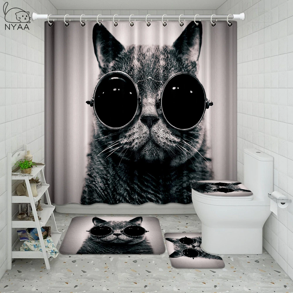 Cool Cat Animals Printed Bathroom Set Shower Curtain With Anti Slip Bath Mats Flannel Home Carpet Door Mats Toilet Lid Covers Bathroom Accessories Sets Aliexpress