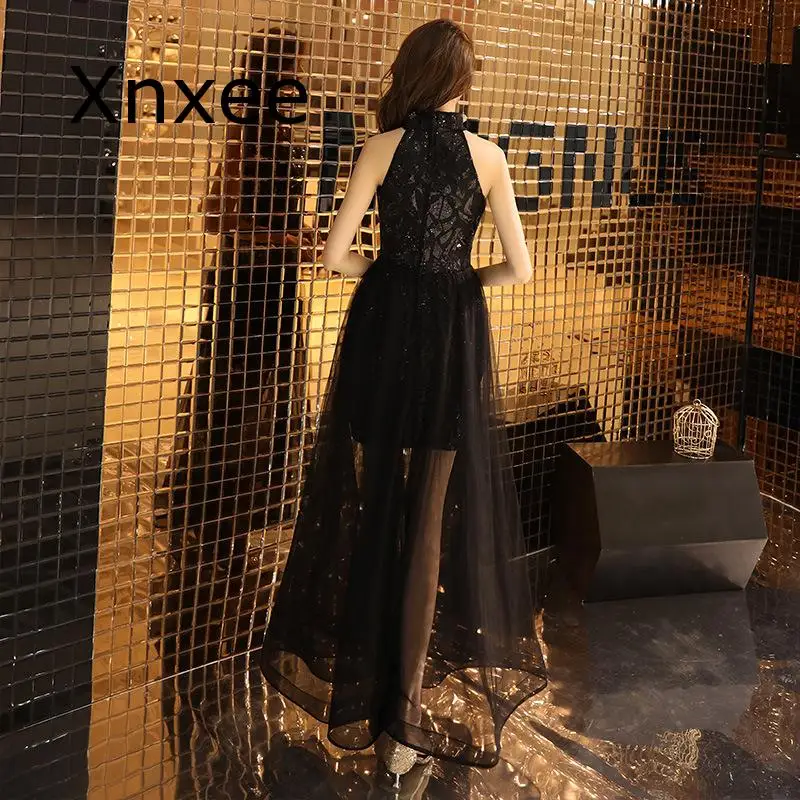 Xnxee Bling Черный Романтический многоуровневый подол Формальные платья для женщин Мода Холтер молния Длинные вечерние Vestido de novia