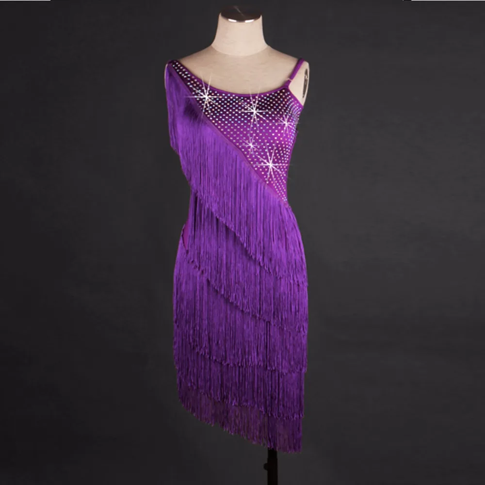 2020 Sex Women/Adult Latin Dance Dress Lace Sling Tassel Backless Purple Stage Performance Rumba/Samba/Paso Doble Salsa Skirt
