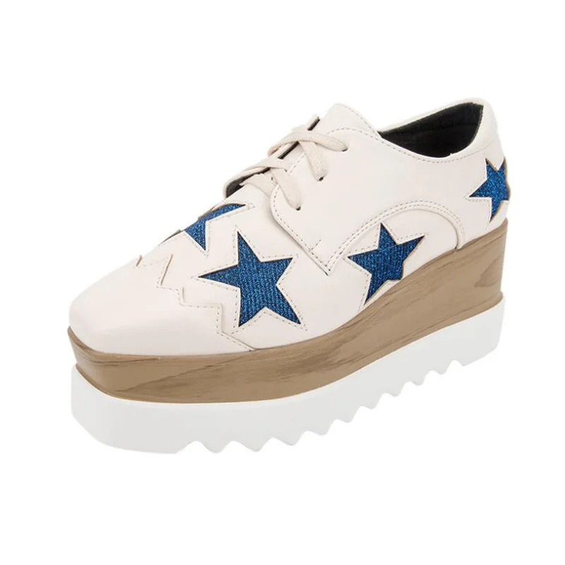 

NEW Hot Sale Women Flat Shoes Casual Thick Soles Square Retro Single Shoes Increase Blue Star platform shoes