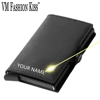 

VM FASHION KISS Vintage Crazy Horse Leather Hasp Rfid wallet Aluminum Unisex Metal Credit Business Card Holder Minimalist Wallet