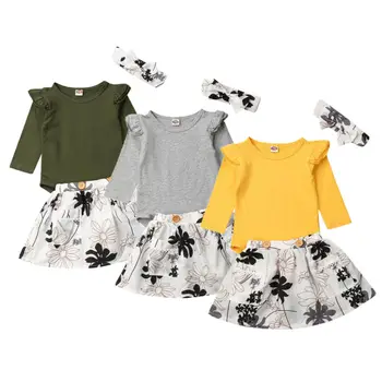 

Pudcoco Infant Toddler Baby Girl Clothes Fall Winte Ruffle Bodysuit Tops+ Floral Skirts +Headband 3pcs Kids Baby Clothing Outfit