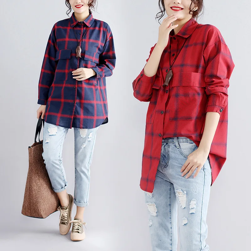 

2019 Spring Summer New Style Literature And Art Loose-Fit Slimming Fat Mm Large Size Comfortable Long Sleeve Plaid Shirt WOMEN'S