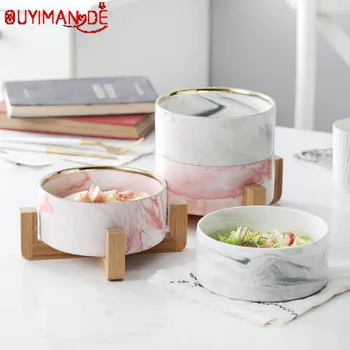 

Nordic Creative Marbled Bamboo Shelf Salad Bowl Western-style Fruit Bowl Dessert Bowl Western Food Cold Ceramic Tableware