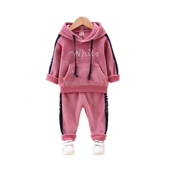 

New Autumn Winter Sports Children Fashion Clothing Kids Thick Velvet Hooded Pants 2Pcs/sets Boys Girls Tracksuit Infant Clothes