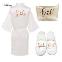 C&Fung комплект из 3 предметов; Атласный халат для невесты; женские шлепанцы для невесты; Сумочка для невесты; femme; Свадебные вечерние туфли; коллекция года; цвет РОЗОВЫЙ, золотистый; подарок для невесты