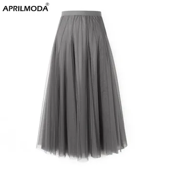 

2020 Summer Mesh Women Pleated Skirt Solid High Waist A Line Tulle Skirts Chic Long Maxi Tutu Skirt Holiday Beach Black Skirt