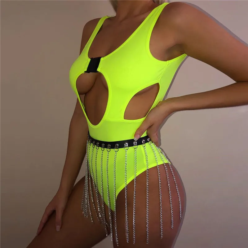 Neon Green Black Women Outfits Buckle Backless High Cut Bodycon Bodysuits Faux Leather Tassel Mini Skirts Sexy Club Matching Set