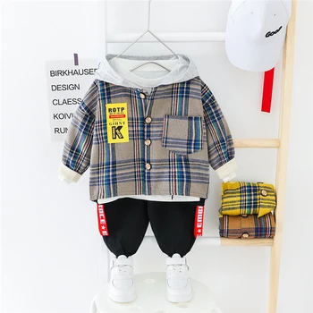 

2020 Spring Baby Boys Clothing Sets Hooded Plaid Tops Pants Toddler Infant Casual Clothes Children Kids Costume