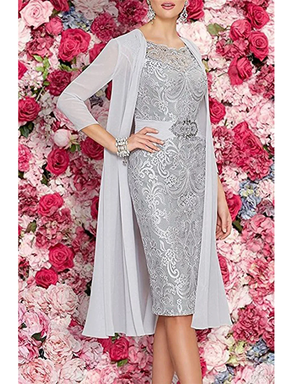 Mother of the Bride Dresses With Chiffon Jacket Lace Satin Sheath Short Knee length Women Cocktail Party Celebrity Gowns Mother Bride Dresses