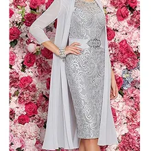 2021 abiti per la madre della sposa con giacca in Chiffon guaina in raso di pizzo lunghezza corta al ginocchio abiti da Cocktail per donna