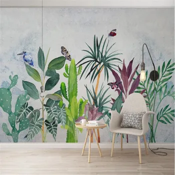 

Large 3D wallpaper mural custom fresh plant hand painted watercolor tropical plant living room TV background mural wallpaper