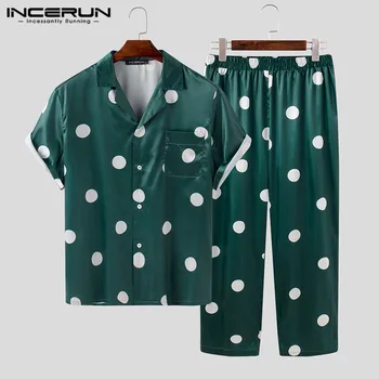 

Loose Homewear INCERUN Fashion Solid Color Nightwear Suits Mens Polka Dot Print Pajamas Sets Lapel Tops Summer Shorts Sleepwear