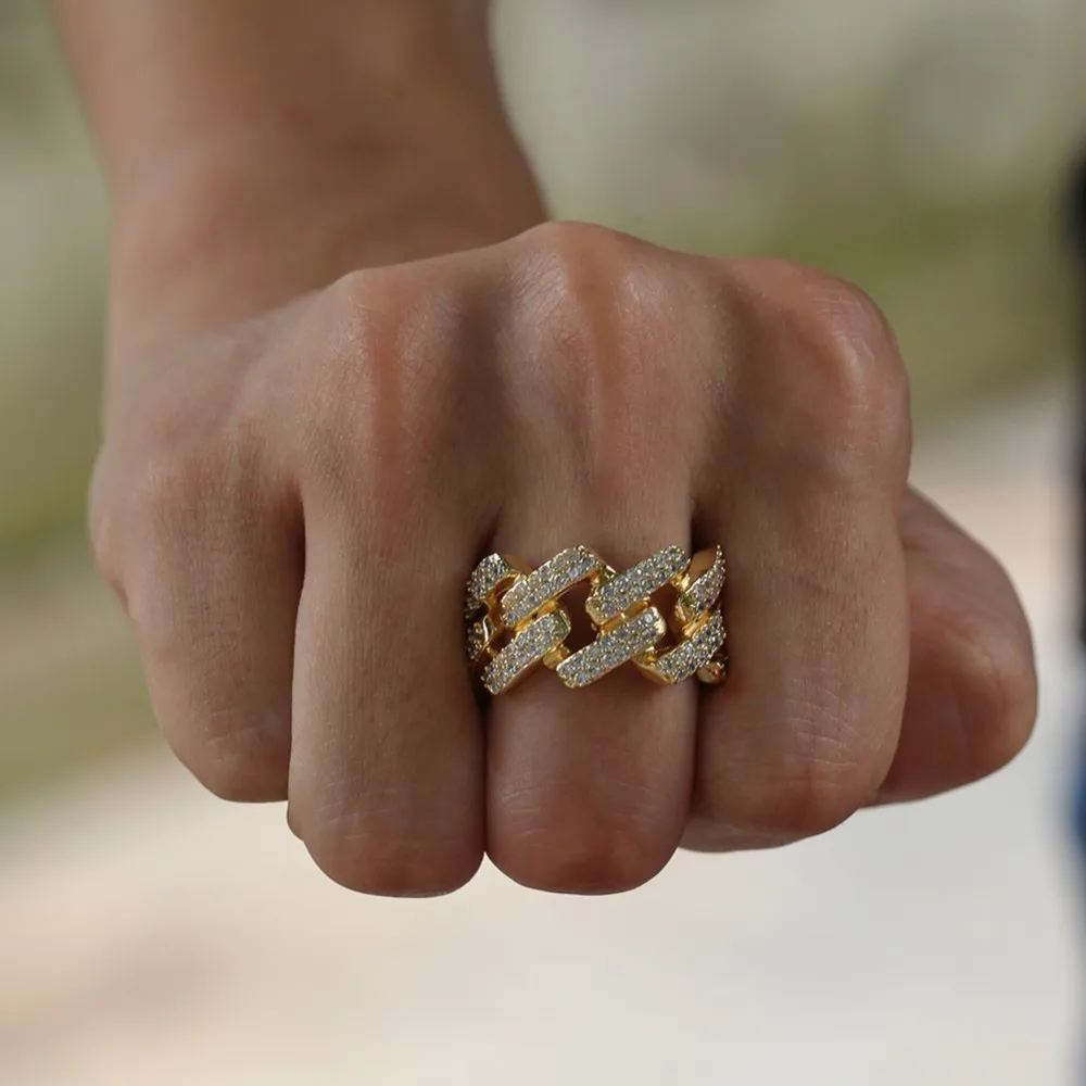 Шикарный король моды хип хоп мужские 14 мм зубец кубинские соединительные кольца 2 ряда Iced Out кубический золотистый, циркониевый BLING кольцо ювелирные изделия