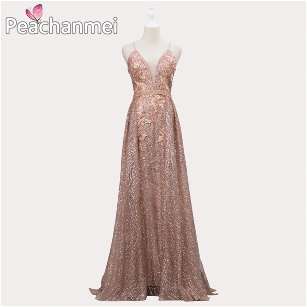 

V-Neck Formal Evening Dress Long A Line Spaghetti Robe De Soiree Glitter Prom Dresses Criss Cross Backless Sexy Ball Gowns