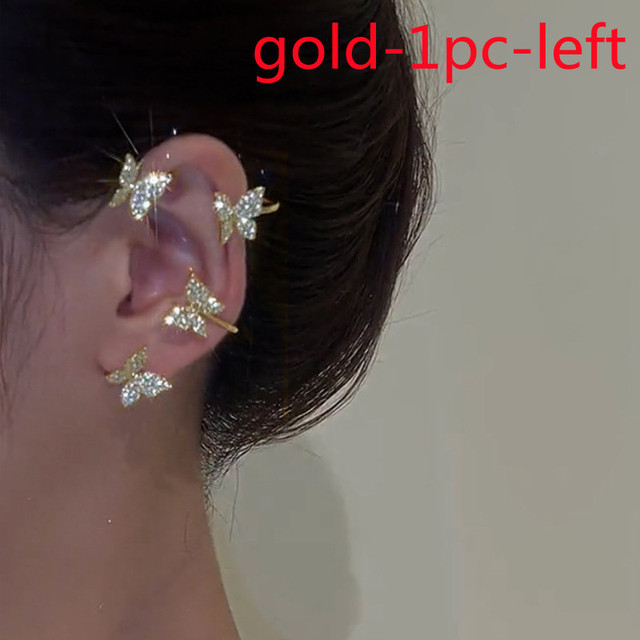 Sparkling Zircon Butterfly Leaf Gold Plated Metal Ear Cuff Women Fashion Non Piercing Clip Earrings Girl Party Jewelry