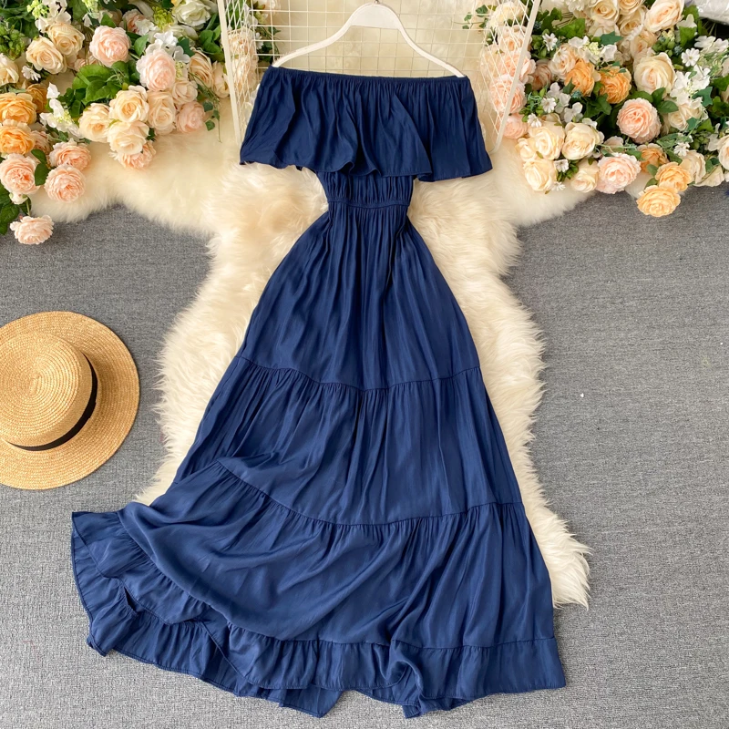 SINGRAIN Women Summer Off Shoulder Maxi Dress Solid Ruffles Dress Elegant Romantic A-Line Dress Korean Sexy Slash Neck Long Robe