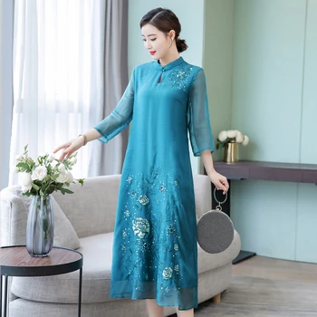 

2020 chinese style women qipao improved half sleeve flower embroidery cheongsam vestidos evening party dress aodai female