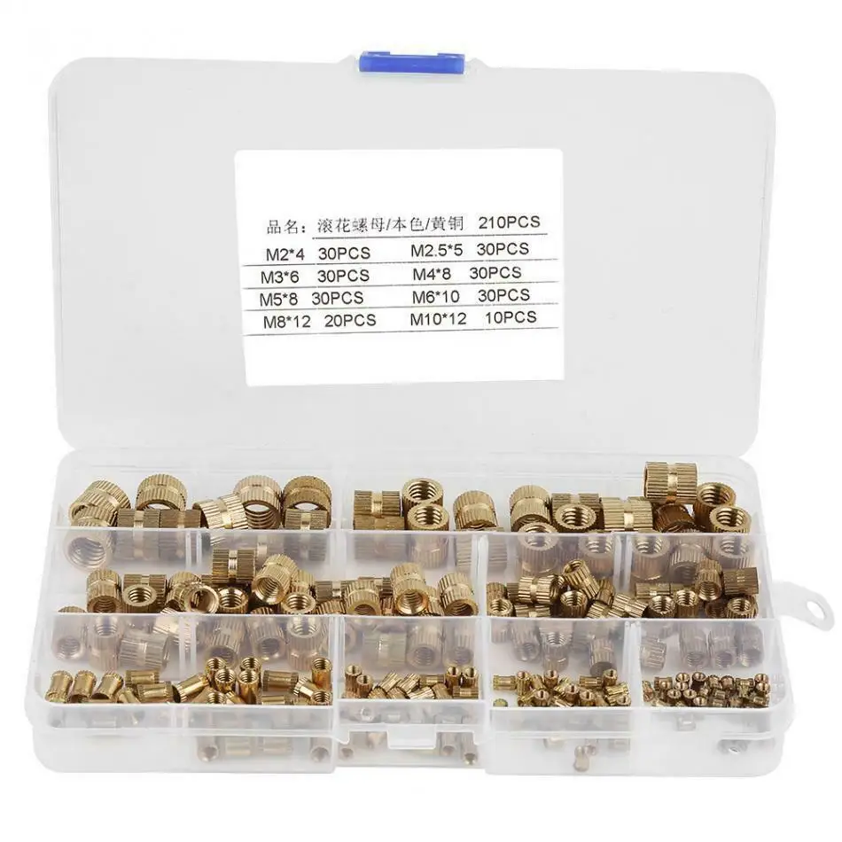 210 шт M2-M10 латунный цилиндр гофрированная запрессовочная Втулка с резьбой круглый вкладыш врезанные гайки набор (упаковка коробки)
