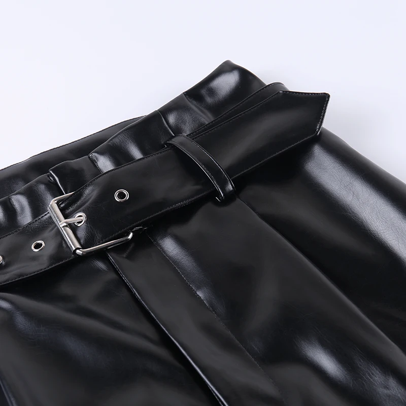 WannaThis Black Faux Leather Straight Pants With Belt Elegant Casual Women Autumn High Waist Streetwear Ladies Vintage Trousers