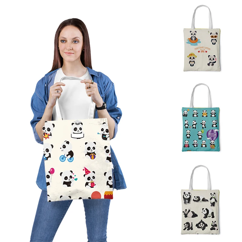 

Cute Panda Women Canvas Bag Eco Reusable Shopping Bags Foldable Shoulder Bag Students Graphic Fest Handbag Tote