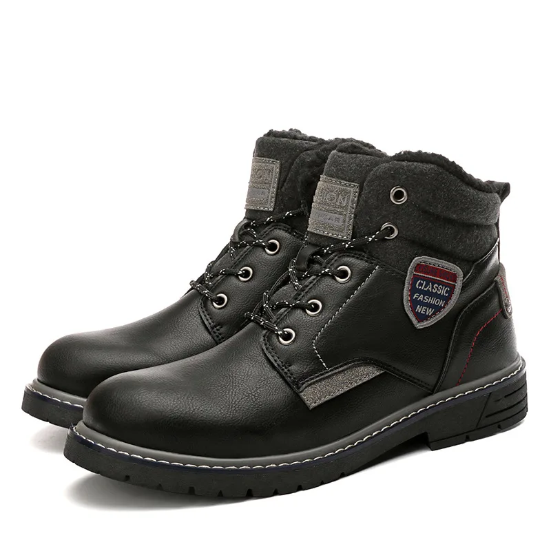 

OUDINIAO Ankle Men Boots Fashion Lace Up Winter Warm Plush Motorcycle Boots Fashion Snow