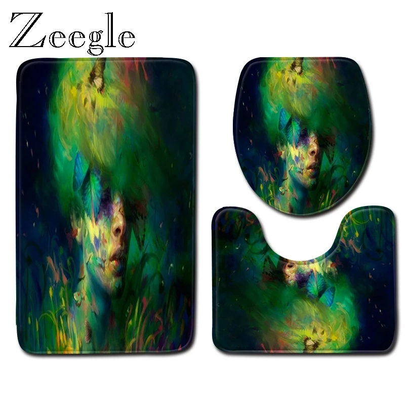 Zeegle 3pcs Bath Mat Set Anti Slip Toilet Seat Cover Mat Shower Floor Rug Flannel Soft Toilet Pedestal Rug Foot Mat Toilet Set