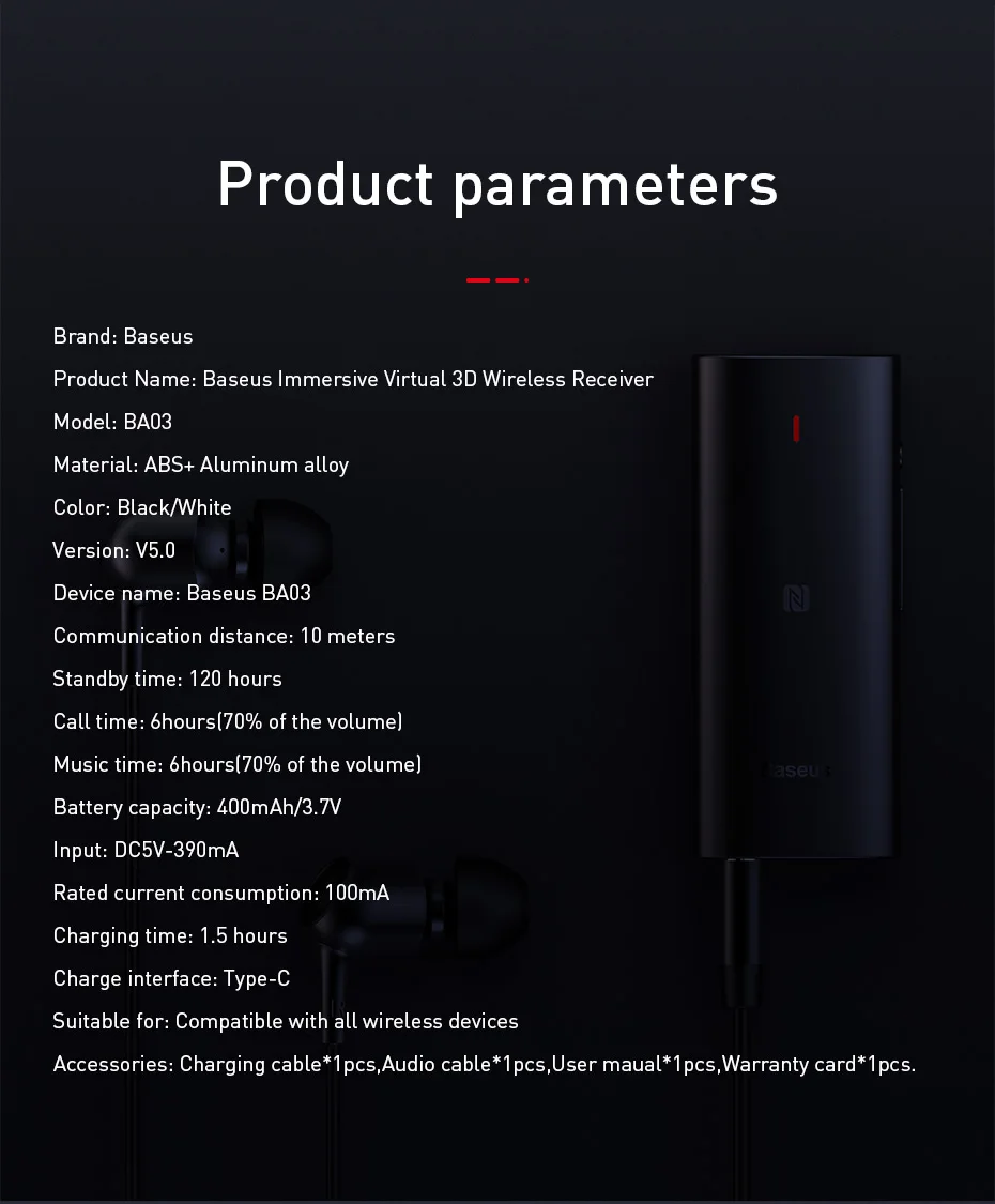 Baseus Bluetooth 5,0 адаптер 3D стерео звук беспроводной приемник Тип C 3,5 мм разъем для наушников ACC/SBC аудио Музыка Bluetooth адаптер