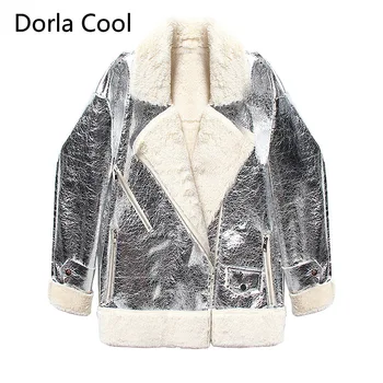 

High Street Women's Shiny Silver Color Faux Fur Jacket Classical Designer Bomber Jackets Autumn Winter Female Outerwear Coats