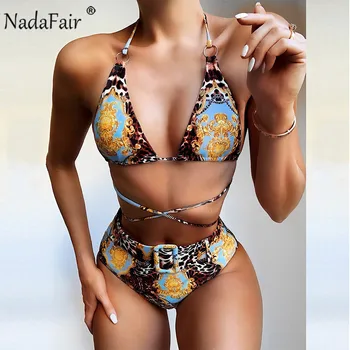 

Nadafair Halter High Waist Bikini Women's Two-Piece Swimsuit Vintage Leopard Tankini Bathing Suit 2020 Summer Sexy Bikini Set
