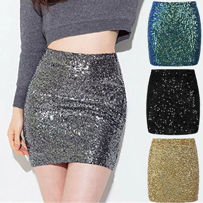 Women High Waist Sequin Glitter Mini Skirt Bodycon Slim Fit Pencil Skirts Ladies Mini Skirt
