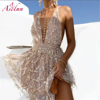 

Aselnn Glitter Sequined Sexy Women Party Dress Sleeveless V Neck Backless Double Layer Club Wear Female Shiny Solid Vestidos