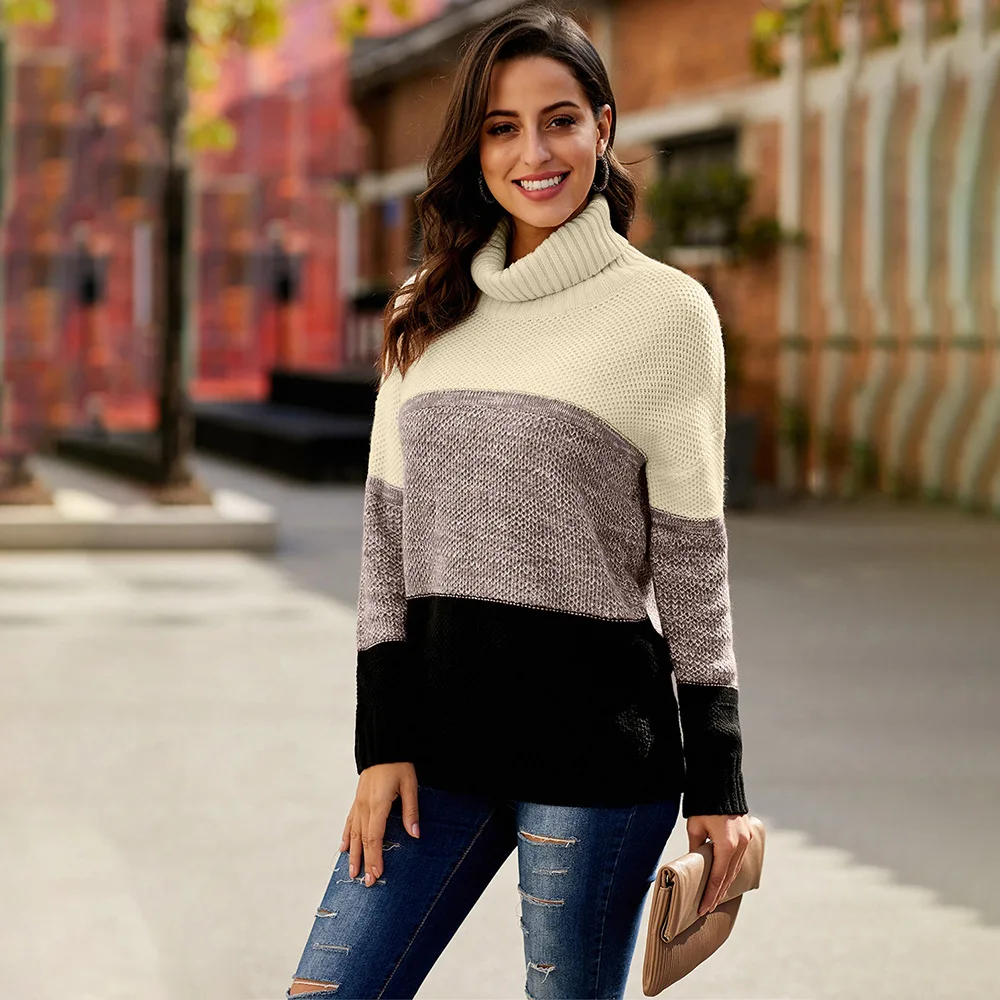 

Women's Turtleneck Sweater Winter Panel Long Sleeve Pullover Knitting Shirt