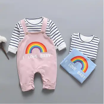 

2019 Autumn Baby boy Clothing Sets Fashion rainbow Infant 0-2 Year boys T-shirt+rompers Pant Children's Clothes Sets