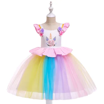 

New Christmas Lovly Unicorn Embroidery Beading Gauze Princess Party Dress for Children Clothes 2-12 years Free