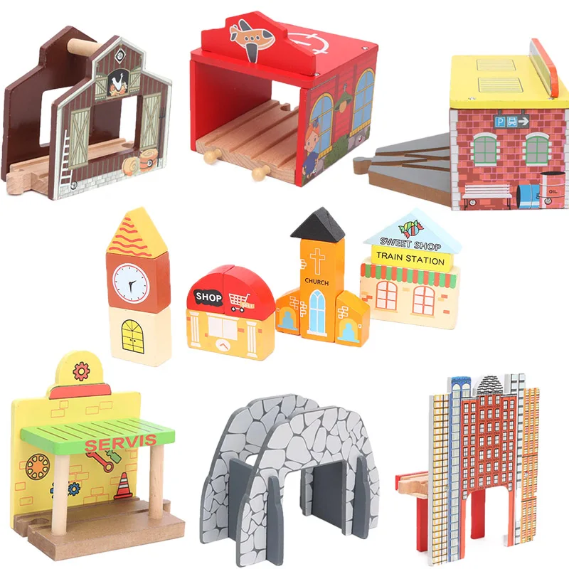 Wooden Train Track Accessories Kids Toy Train Station/Viaduct/Cave/House 