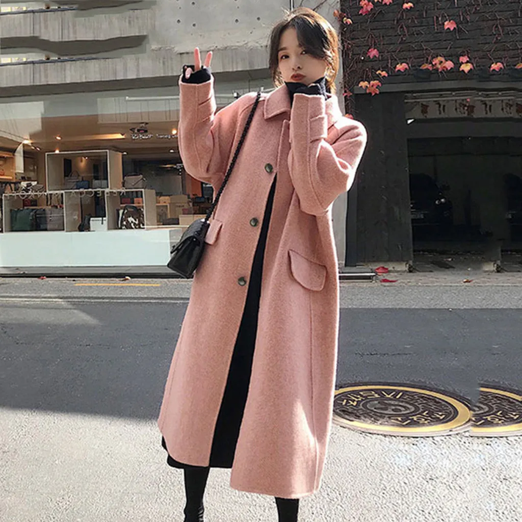 

Winter ladies coat Button solid color long-sleeved woolen top Long woolen coat Trench Jacket Turn-down Collar Y10.1