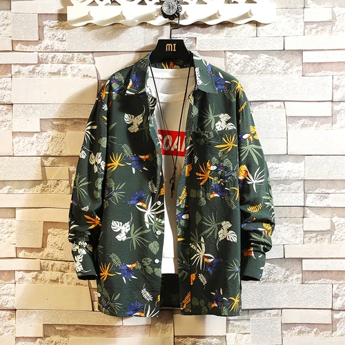 Dark Green VOGUELEO/ осенние Рубашки с цветочным рисунком для мужчин, Обычный квадратный воротник, уличная тонкая мужская повседневная рубашка высокого качества с длинными рукавами - Цвет: Dark Green