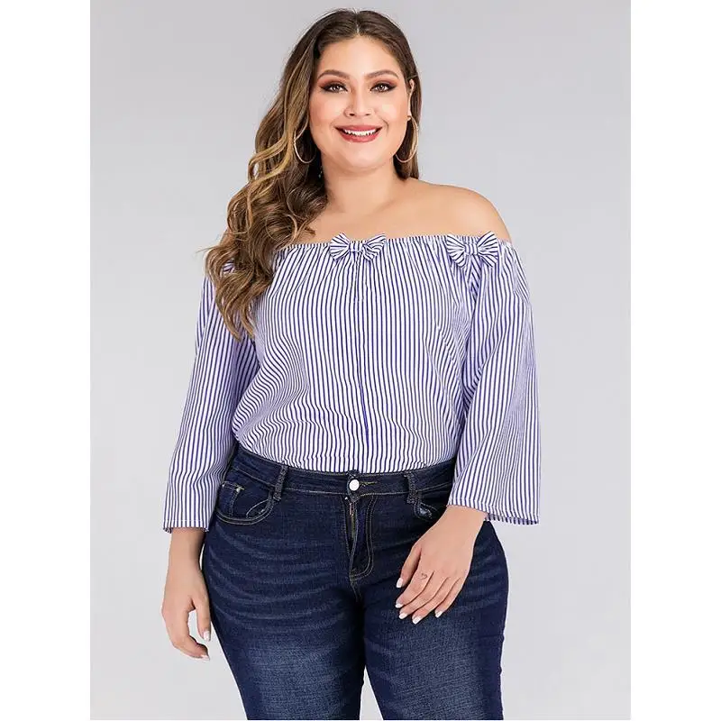 

Hot Selling WOMEN'S Dress Europe And America Fashion Large Size Tops Sexy off-the-Shoulder Stripes Shirt De0226