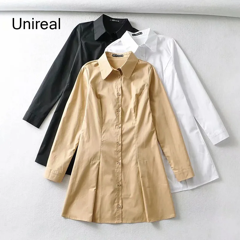 

Unireal 2022 Spring New Women Mini Shirt Dress Long Sleeve Casual Loose Single Breated Short Dress