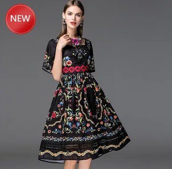 

Elegant Dress Women's Square Neckline Short Sleeves Floral Printed Embroidery High Street Elegant Runway Dresses
