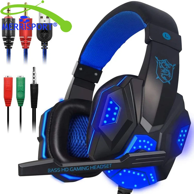 Gaming Headset with Mic LED Light for Laptop Computer Cellphone PS4 so on 3 5mm Wired Noise Isolation Volume Control Blue